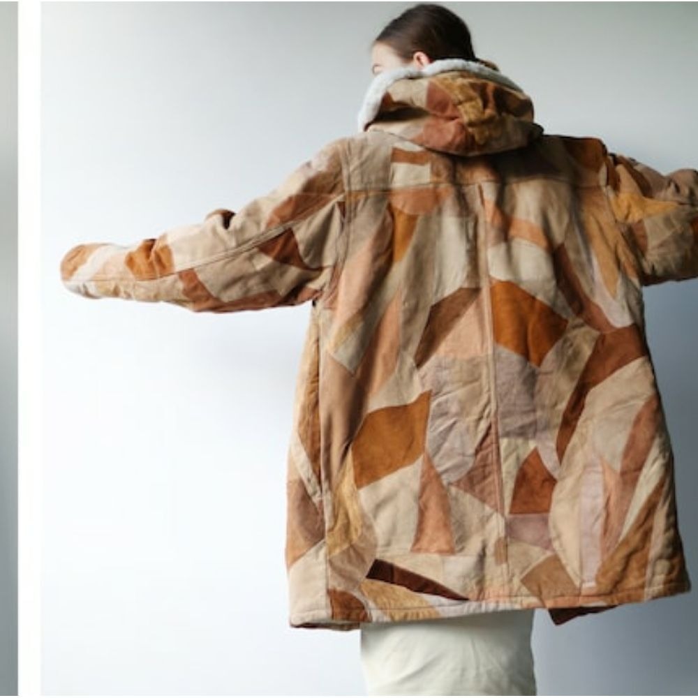 Leather Patchwork‎ Shearling Lined Oversized Button Front Hooded Coat - Picture 2 of 14